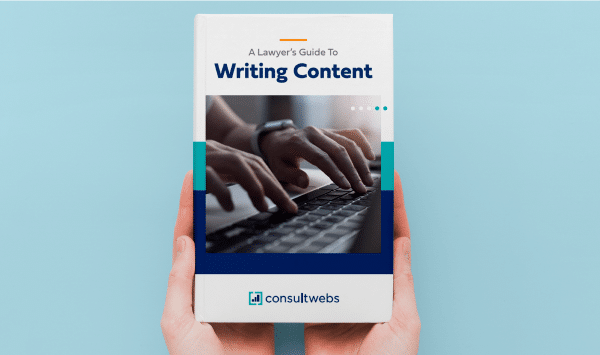 Person holding smartphone showing e-book Effective Content Writing Strategies for Lawyers on light blue background.