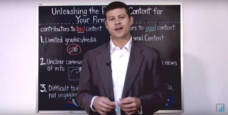 Professional giving a lecture on content strategies for law firms, with whiteboard visuals.
