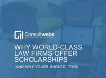 Promotional graphic explaining the benefits of scholarships at elite law firms, by consultwebs.