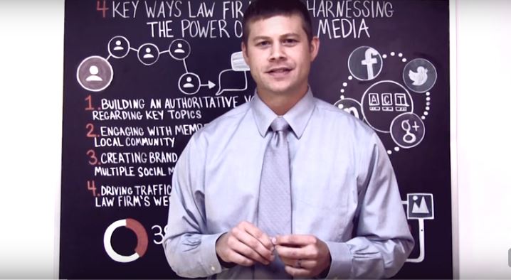 Man presents social media strategies on blackboard for enhancing law firms online presence.