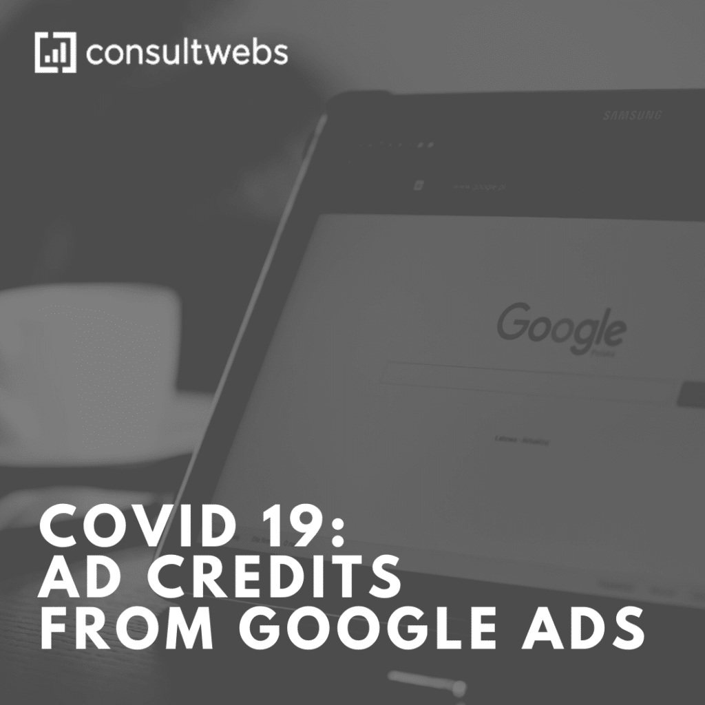 Google Ads COVID-19 credit offer for law firms on tablet, Consultwebs logo displayed.