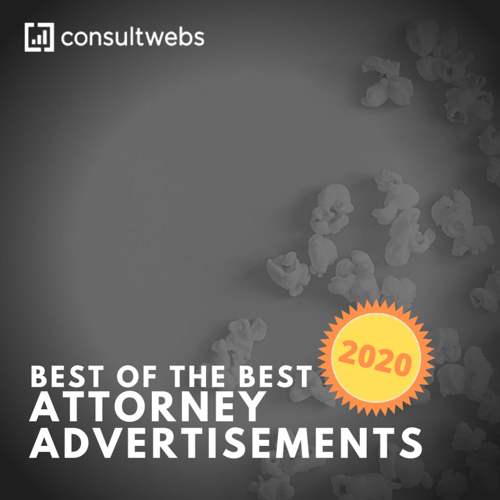 2020 Best Legal Ads Award by Consultwebs featuring bold text and gavel graphics.
