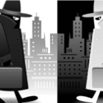 Monochrome noir detectives meet in a stylized cityscape, evoking a classic cinematic mystery.