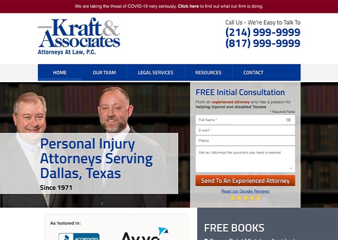Homepage of Kraft & Associates, Dallas Personal Injury Lawyers, featuring attorney portraits and contact form.