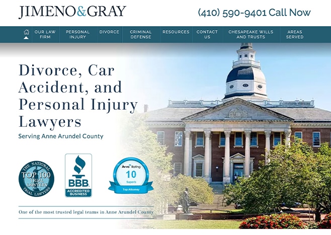 Jimeno & gray law firm website showcasing services and credentials, featuring a courthouse image.