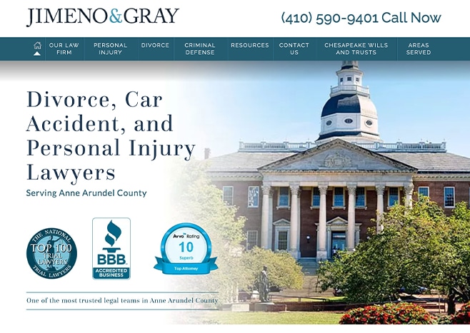 Jimeno & Gray Law Firm website showcasing services and credentials, featuring a courthouse image.