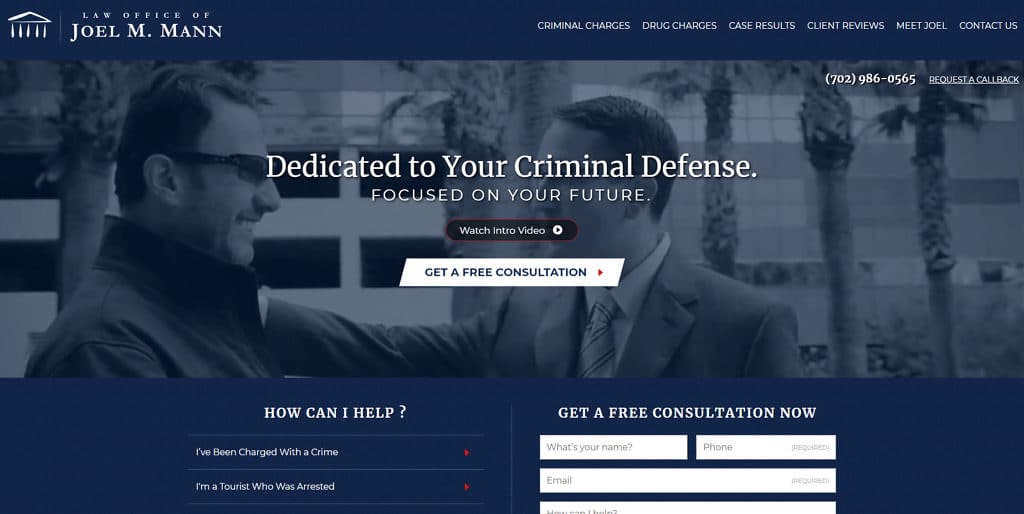 John m. Doe website screenshot highlighting criminal defense services and consultation form.
