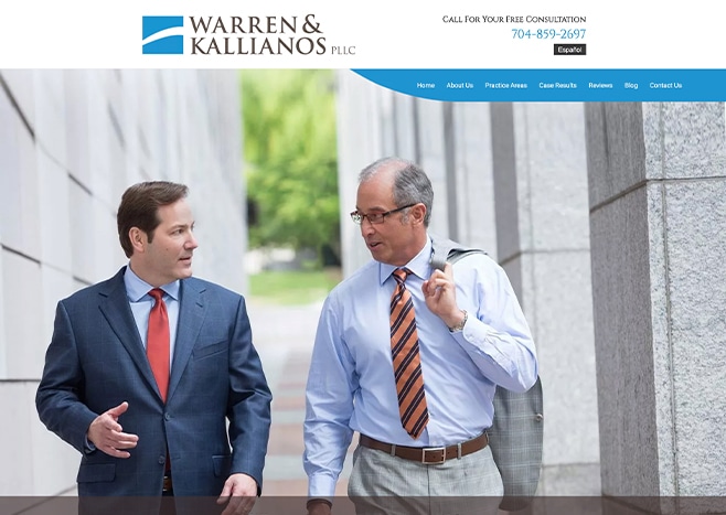 Two lawyers from Warren & Kallianos, PLLC converse in front of a courthouse, symbolizing professionalism.