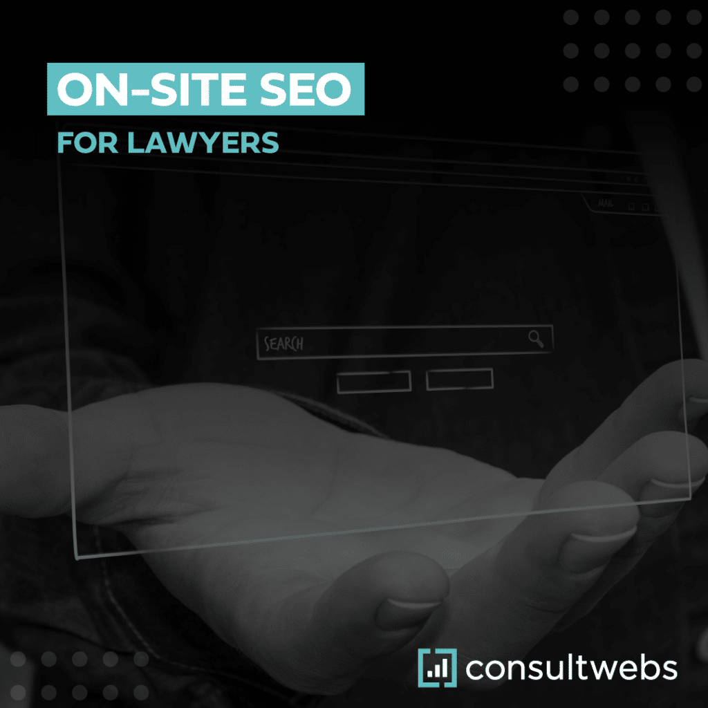 Digital graphic illustrating seo strategies for law firms with consultwebs logo and interactive tablet imagery.