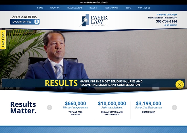 Professional legal firm website highlighting RESULTS and significant case wins for Payer & Associates.