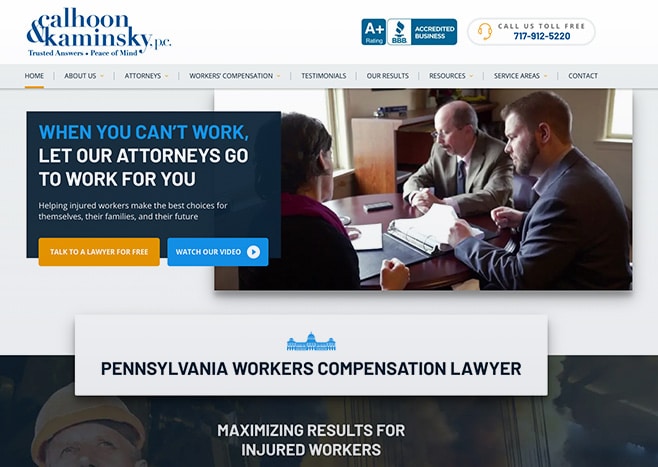 Calhoon & kaminsky legal team strategizing in workers comp case on their website banner.