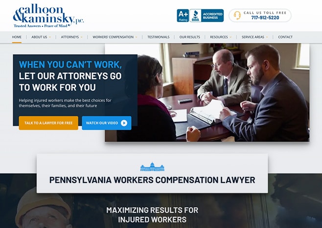 Calhoon & Kaminsky legal team strategizing in workers comp case on their website banner.