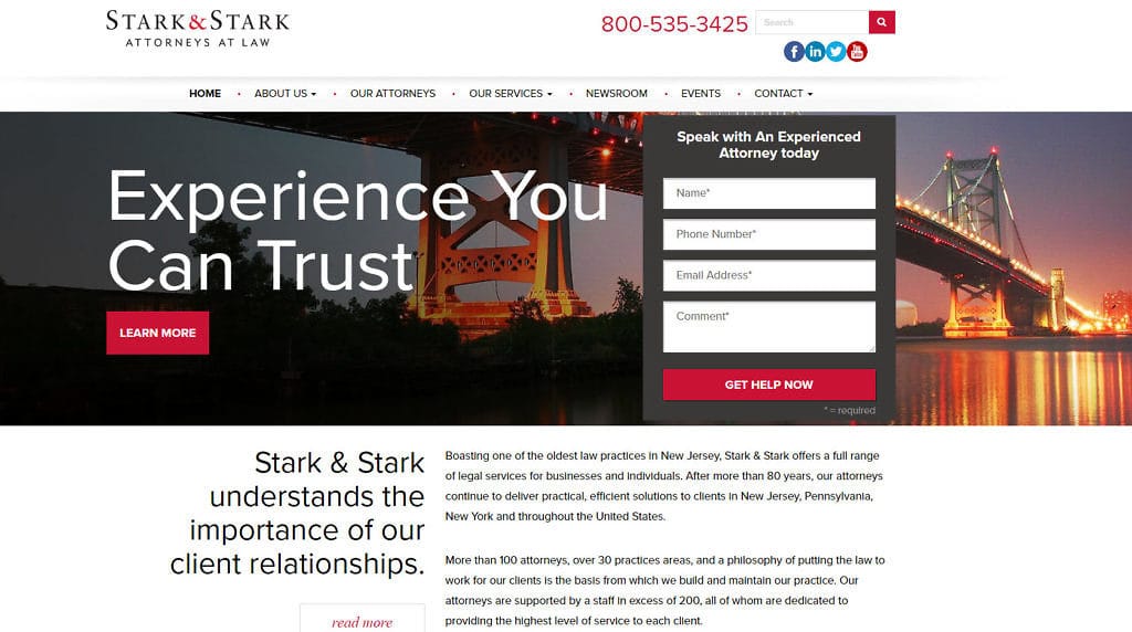 Screenshot of stark & stark legal services website with navigation and contact details.