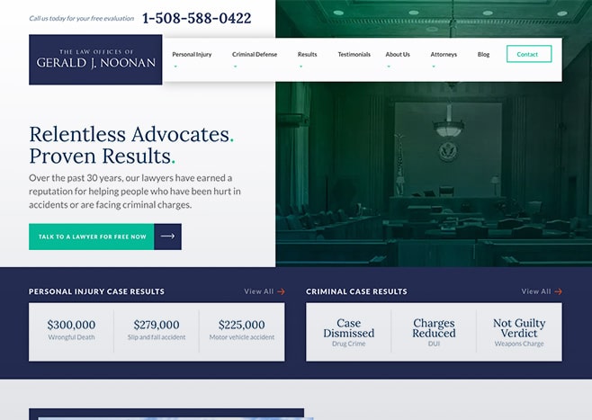 Gerald noonan law firm website highlighting success in personal injury cases with results displayed.