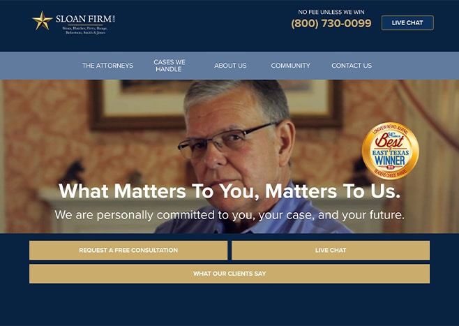 Sloan law firms website highlights client-focused services and award-winning excellence.