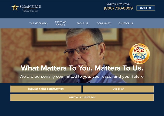 Sloan Law Firms website highlights client-focused services and award-winning excellence.