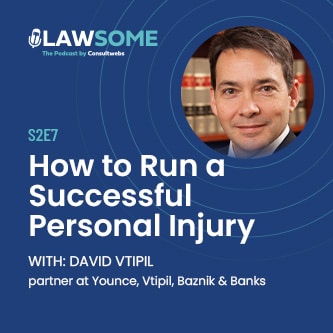 Lawsome podcast graphic with guest david vitipi discussing personal injury law strategies.