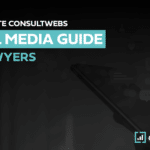 Promotional graphic for consultwebs guide on social media tactics for lawyers with stylized digital pen.