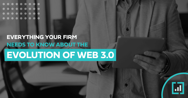 Business professional with tablet discusses Web 3.0 evolution in a modern office setting.