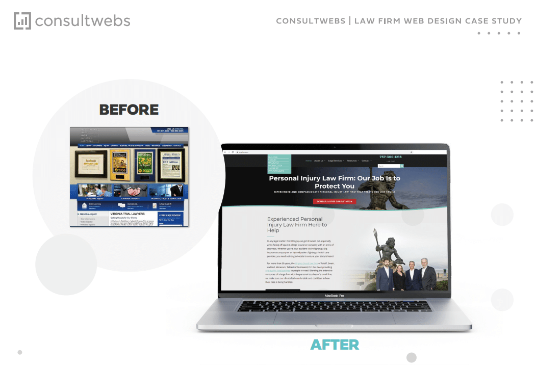 Consultwebs law firm redesign from cluttered to sleek, professional layout.