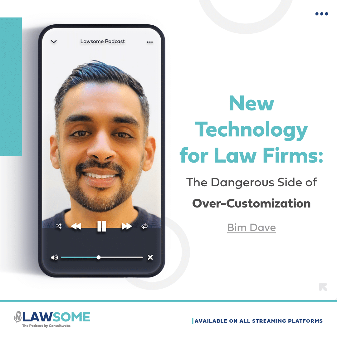 Promotional ad for lawsome podcast episode on tech risks in law firms, featuring bim dave.