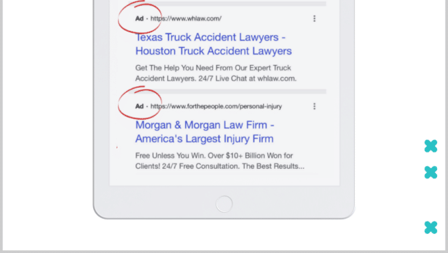 Tablet showing search results for Houston Truck Accident Lawyers on a gradient background.