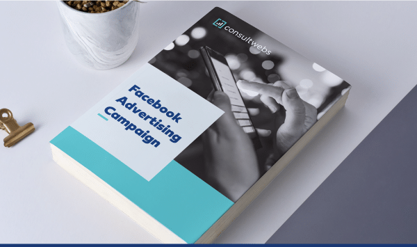 Book on Facebook ad strategies with a plant and key, suggesting keys to marketing success.