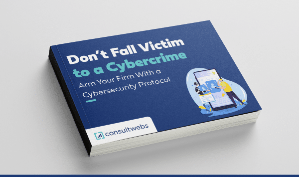 Brochure on essential cybersecurity for businesses, featuring prevention tips and consultwebs. Com logo.