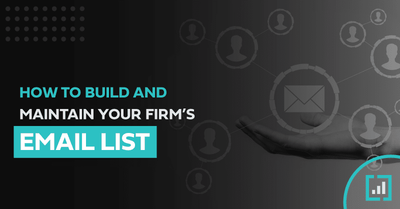 Guide to building business email lists, featuring digital icons and glowing hand on blue gradient.