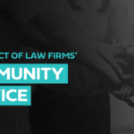 Graphic highlighting law firms community service impact with play button for video details.