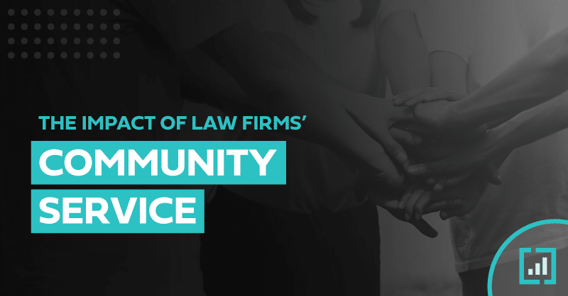 Graphic highlighting law firms community service impact with play button for video details.