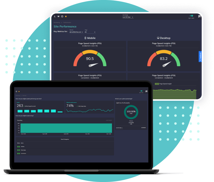 Three devices displaying analytics dashboards on a teal digital network background.