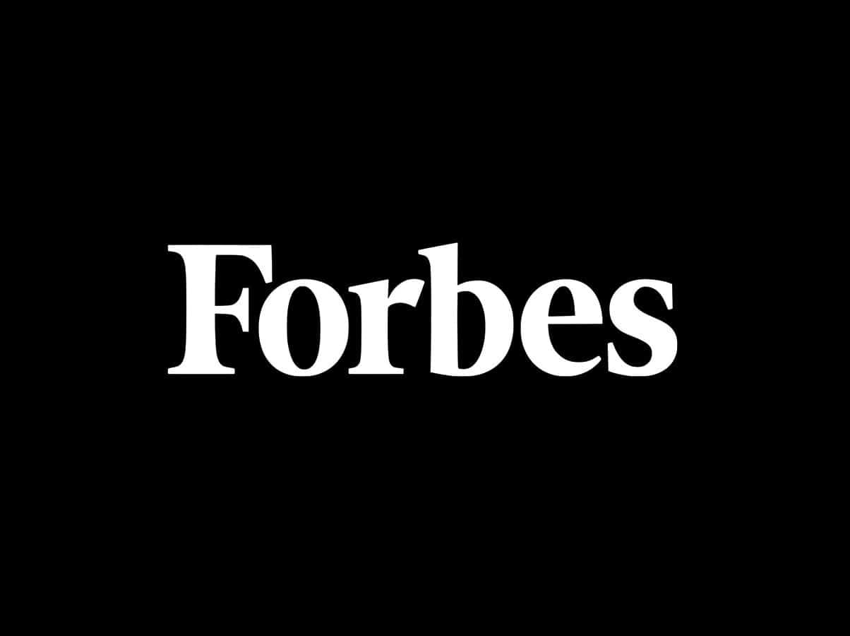 Forbes logo in white serif font on a black background, emphasizing business prestige.