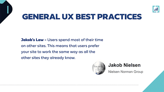 Slide on Jakobs Law in UX design, emphasizing user familiarity by Jakob Nielsen, Nielsen Norman Group.