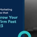 2023 guide: top 5 legal marketing tactics for law firm growth, featuring modern, symbolic design.