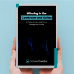 Hands holding a tablet with effective legal strategies book cover, targeting personal injury lawyers.