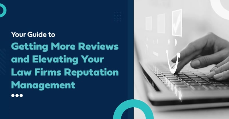 Guide to enhancing law firm reviews and reputation with typing hands on laptop.