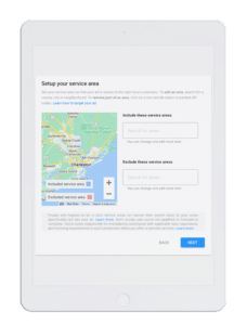 Tablet screen showing business service area customization options with map and controls.