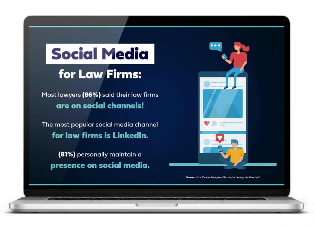 Modern laptop displaying infographic on law firms effective use of social media.
