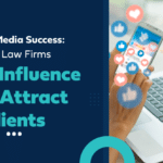 Graphic on law firms using social media to attract clients, with smartphone and icons.
