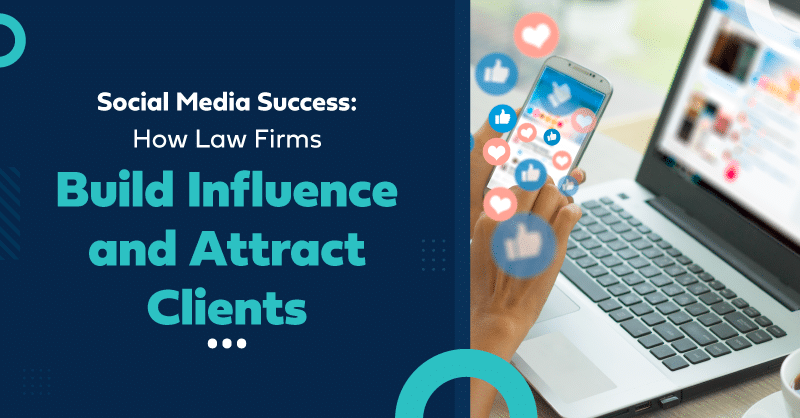 Graphic on law firms using social media to attract clients, with smartphone and icons.