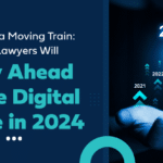 Hand selects 2024 on rising tech trend graph for lawyers, against a dynamic blue backdrop.