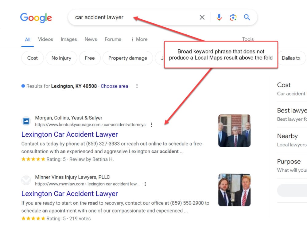 Broad keyword phrase that does not produce a Local Maps result above the fold