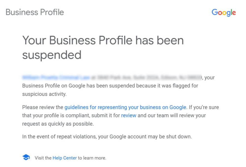 Google business profile suspension