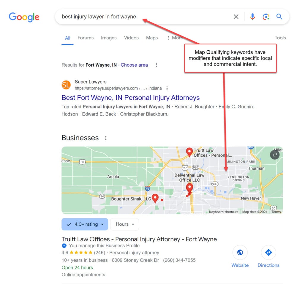 Map Qualifying keywords have modifiers that indicate specific local and commercial intent.