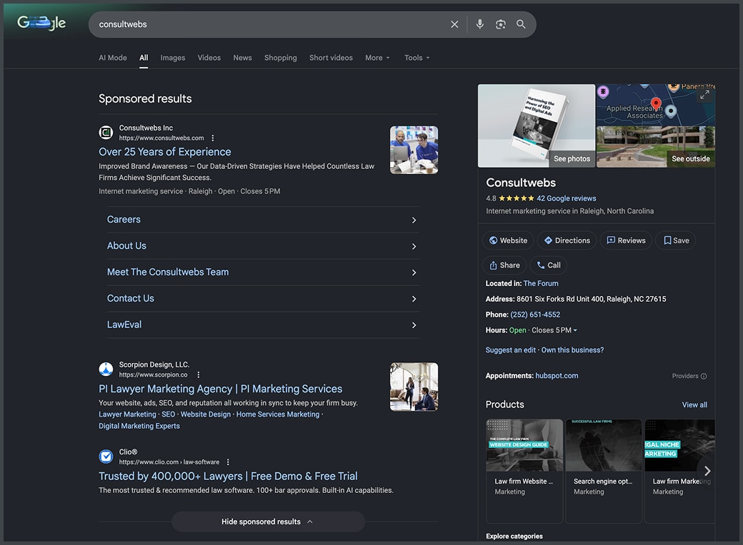 consultwebs search engine results page