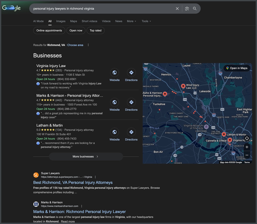 personal injury lawyers in richmond virginia search engine result page