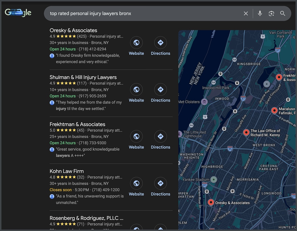 top rated personal-injury lawyers bronx search engine results page