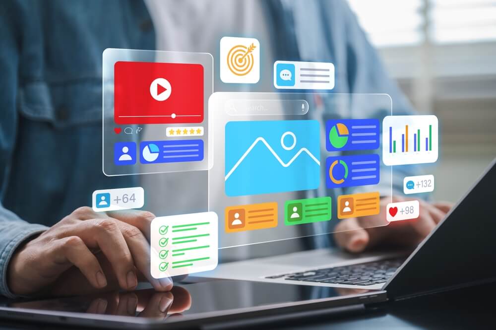 Social media management and content marketing concept. user organizing video content.