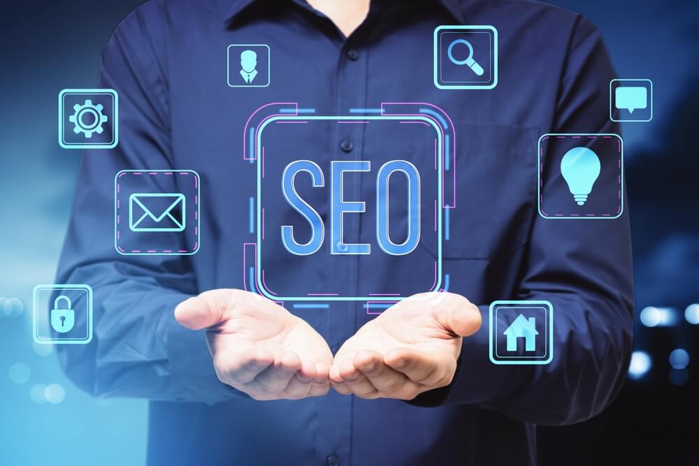 Businessperson presenting SEO holographic icons, modern digital graphics.